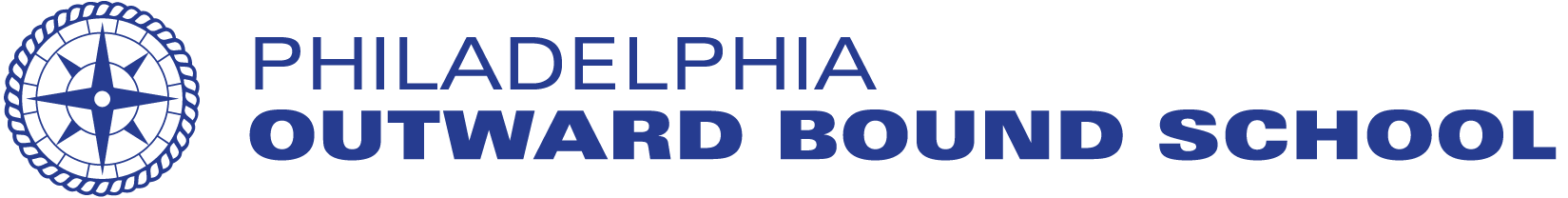 The image displays the logo of the Philadelphia Outward Bound School. The logo features a circular design with a compass-like element at the center, all in blue. The school's name is written in blue, with "PHILADELPHIA" above "OUTWARD BOUND SCHOOL". The background is black.